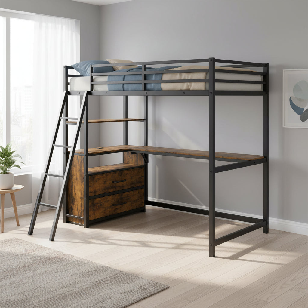 Black Twin Size Metal Wood Loft Bed with Desk, Drawers, and USB