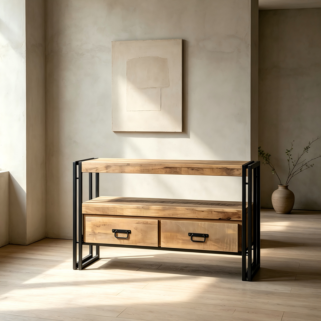 Reclaimed Wood TV Cabinet with Double Metal Drawers - 40x16x24