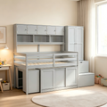 Lit mezzanine double en bois avec rangement, bureau sous le lit, tiroirs, étagères
