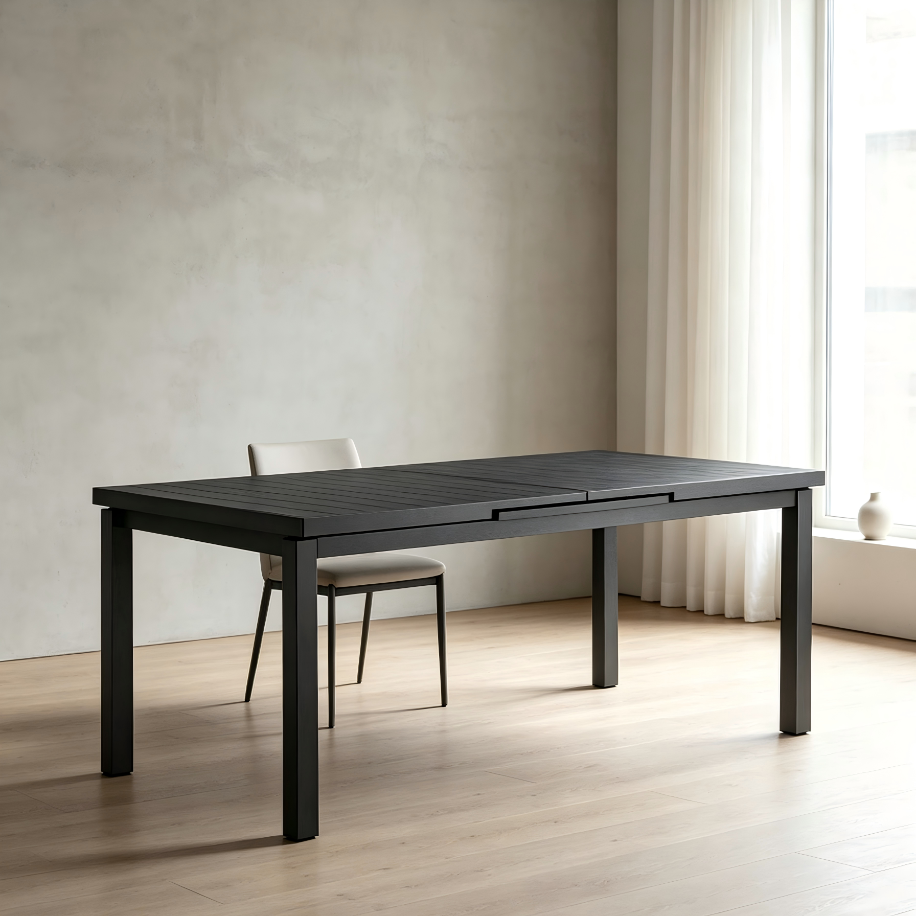 95-Inch Extendable Dining Table, Gray Aluminum Frame, Plank Style Top